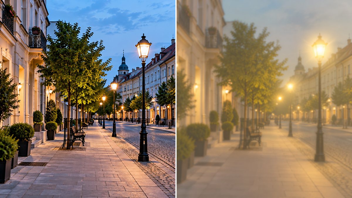 Ta sama ulica widziana ostro i przez zamglenie przy zaćmie