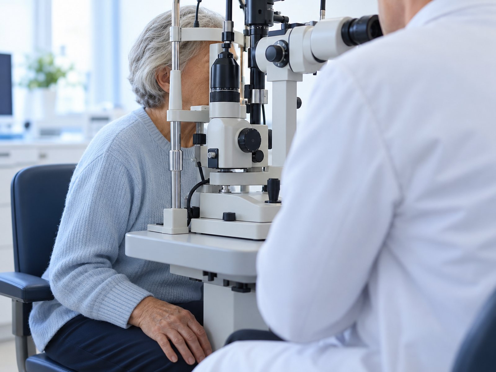 Badanie wzroku starszej osoby u okulisty