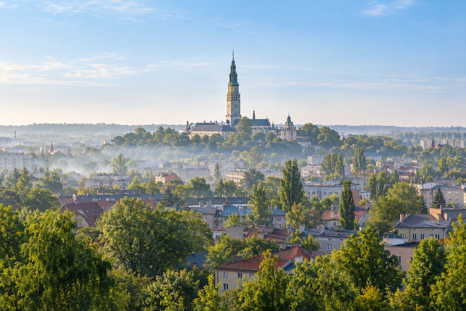 Częstochowa o poranku, w oddali wieża Jasnej Góry