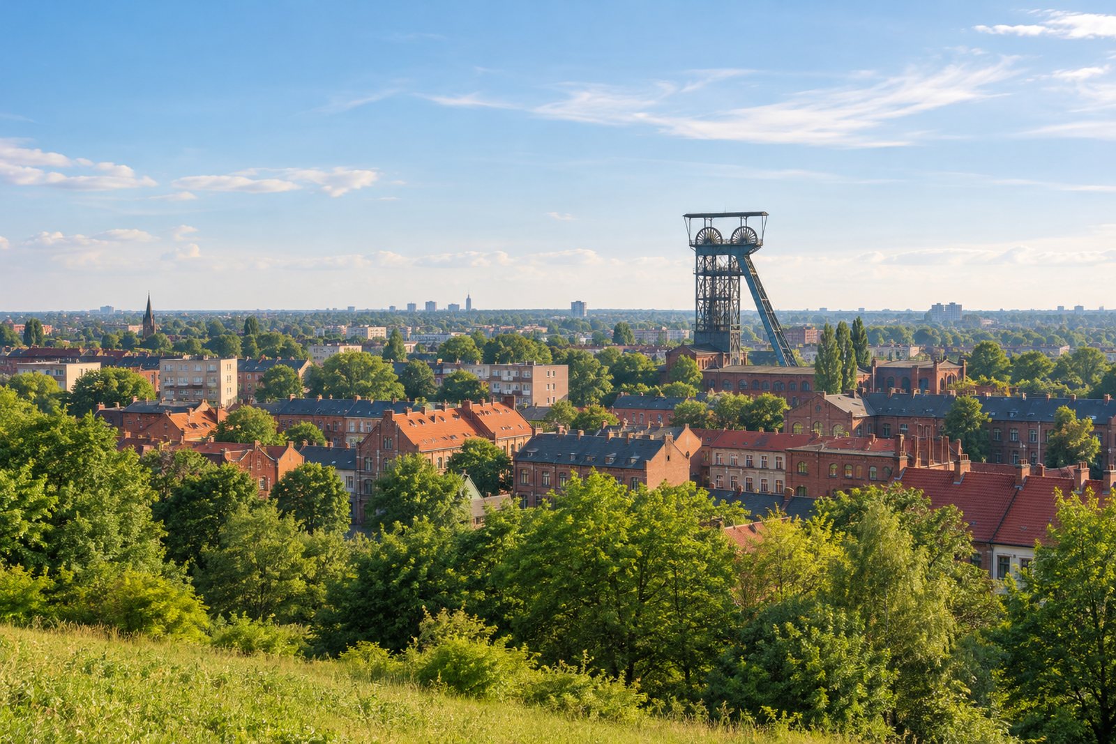 Śląski pejzaż: miasto z dawną wieżą szybową i zieleń