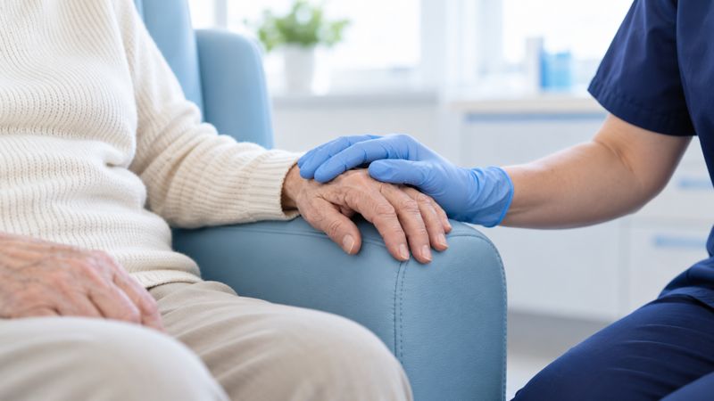 Starsza osoba w fotelu kliniki, dłoń pielęgniarki na jej dłoni