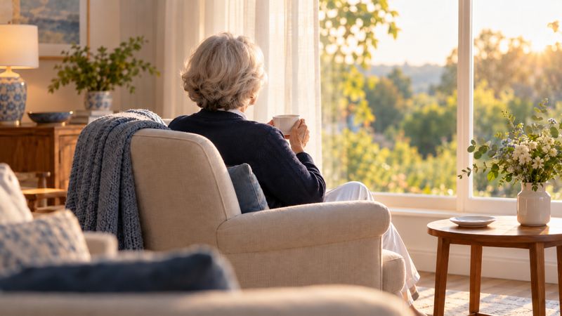 Senior odpoczywa przy oknie z herbatą
