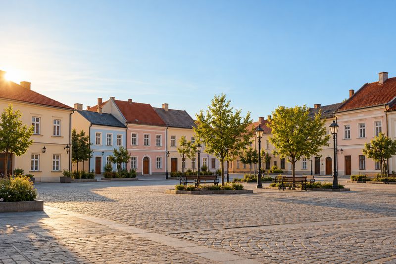 Rynek małego miasta o poranku